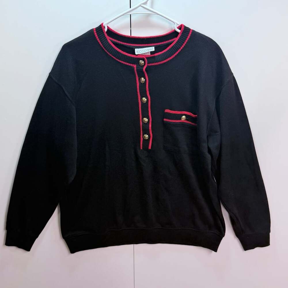 Ecco Bay Henley Sweatshirt Size Large Black Red Gold Buttons